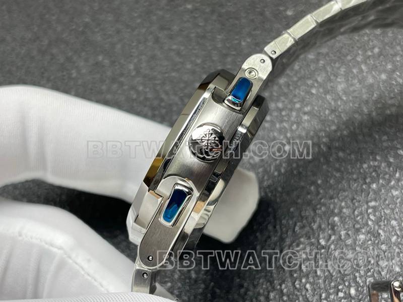 百达翡丽最佳复刻手表运动优雅灰盘机械钢带款5990侧面实拍图