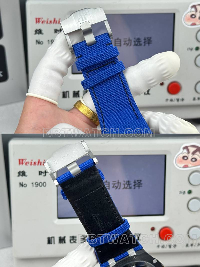 爱彼最佳复刻手表LS厂皇家橡树离岸型43MM蓝盘计时机械橡胶款26420表带实拍图