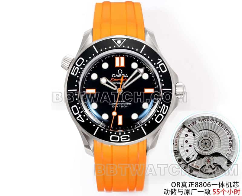 欧米茄最优复刻手表OR厂海马300米黑盘机械橙色橡胶款正面实拍图