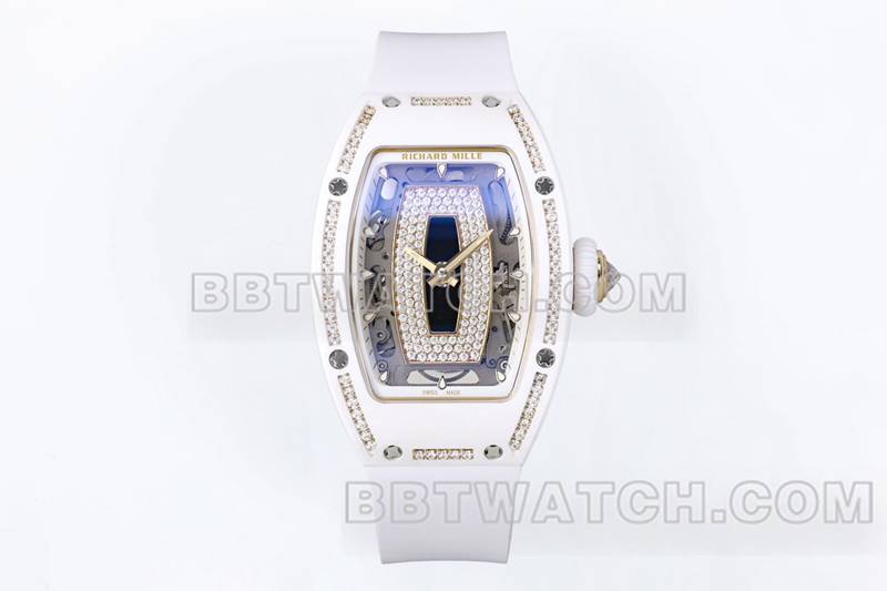 Richard Mille top replica watches ZF factory white ceramic black plate diamonds mechanical watches RM07-1 front real picture