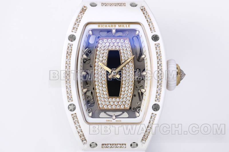 Richard Mille top replica watches ZF factory white ceramic black plate diamonds mechanical watches RM07-1 front real picture