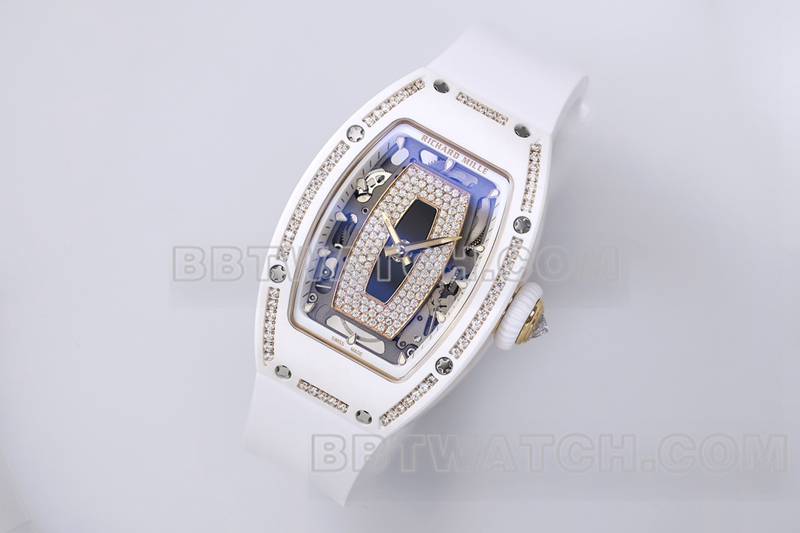 Richard Mille top replica watches ZF factory white ceramic black plate diamonds mechanical watches RM07-1 front real picture