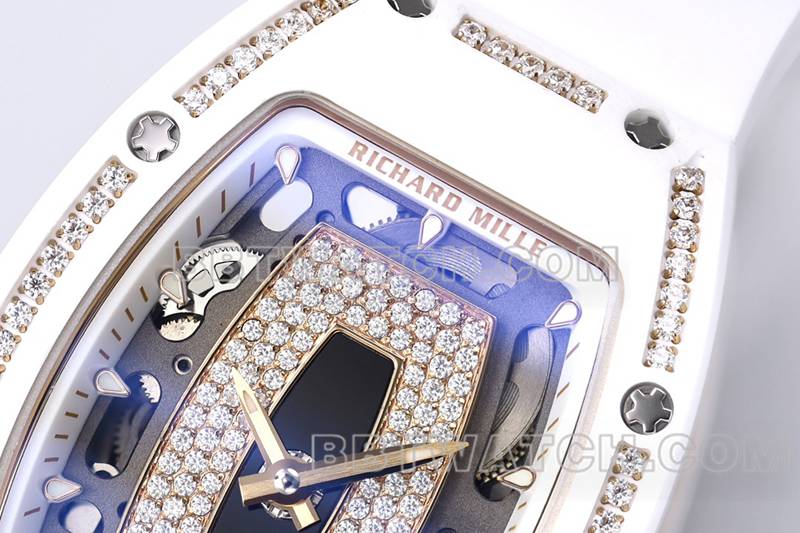 Richard Mille top replica watches ZF factory white ceramic black plate diamonds mechanical watches RM07-1 front real picture