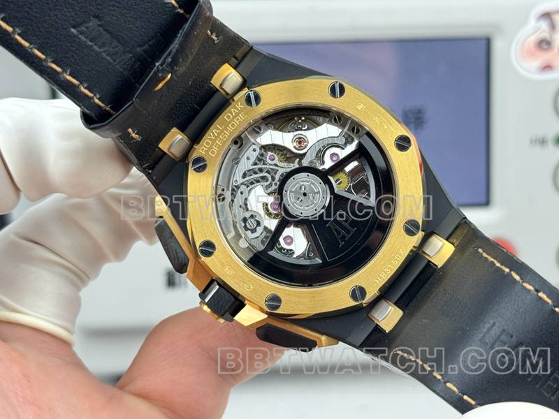 爱彼顶级复刻手表LS厂皇家橡树离岸型43MM黑盘黄色计时机械橡胶款26420背面实拍图