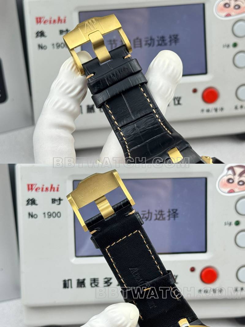 爱彼顶级复刻手表LS厂皇家橡树离岸型43MM黑盘黄色计时机械橡胶款26420表带实拍图