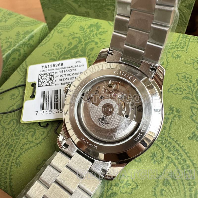 古驰最优复刻手表40mm黑盘SW260机械机芯钢带款背面实拍图