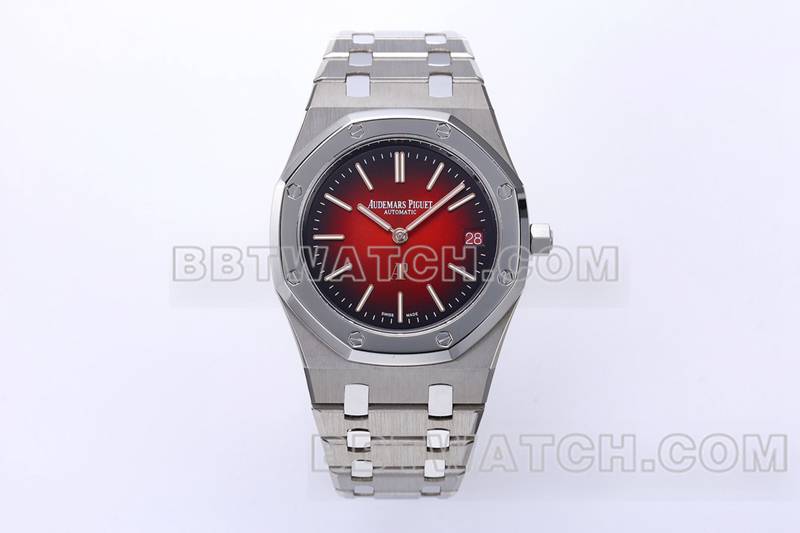 爱彼1:1复刻手表ZF厂皇家橡树烟熏酒红盘机械钢带款16202正面实拍图