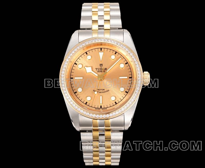 帝舵顶级复刻手表V9厂碧湾41mm施华洛钻石圈机械间金钢带款正面实拍图