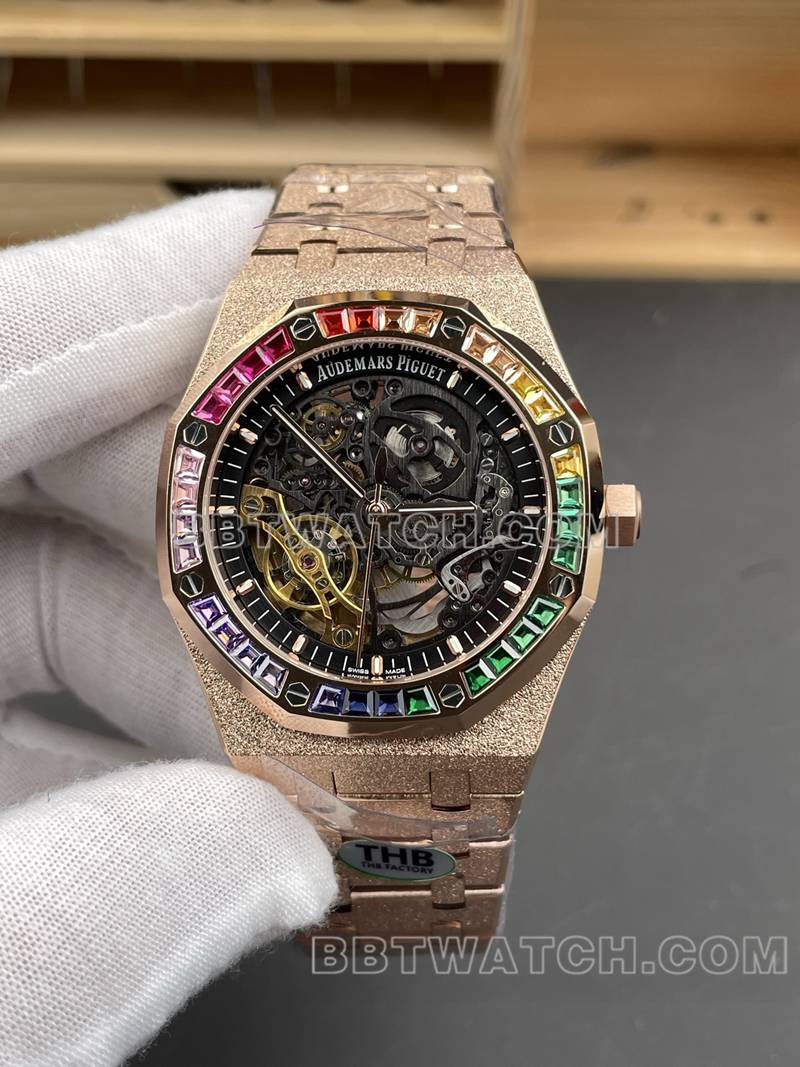 爱彼超级克隆手表THB厂皇家橡树彩虹钻圈霜金玫瑰金钢带款15412正面实拍图