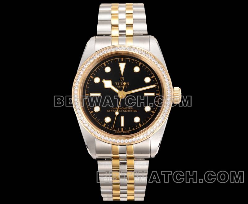 帝舵顶级复刻手表V9厂碧湾41mm施华洛钻石圈机械间金钢带款正面实拍图