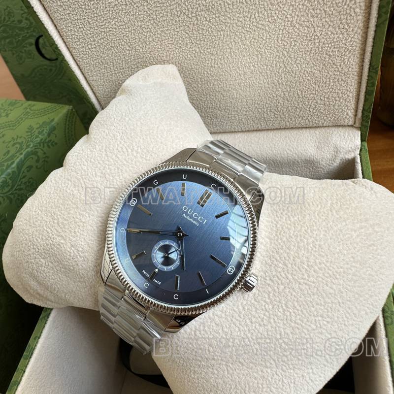 古驰最佳复刻手表40mm蓝盘SW260机械机芯钢带款正面实拍图