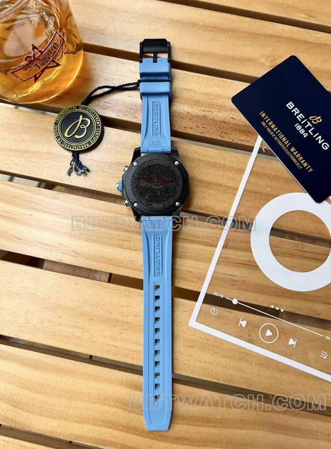 Top Replica Watches Breitling Original Professional Black Disc 38mm Quartz Blue Rubber Model Back Actual Pictures