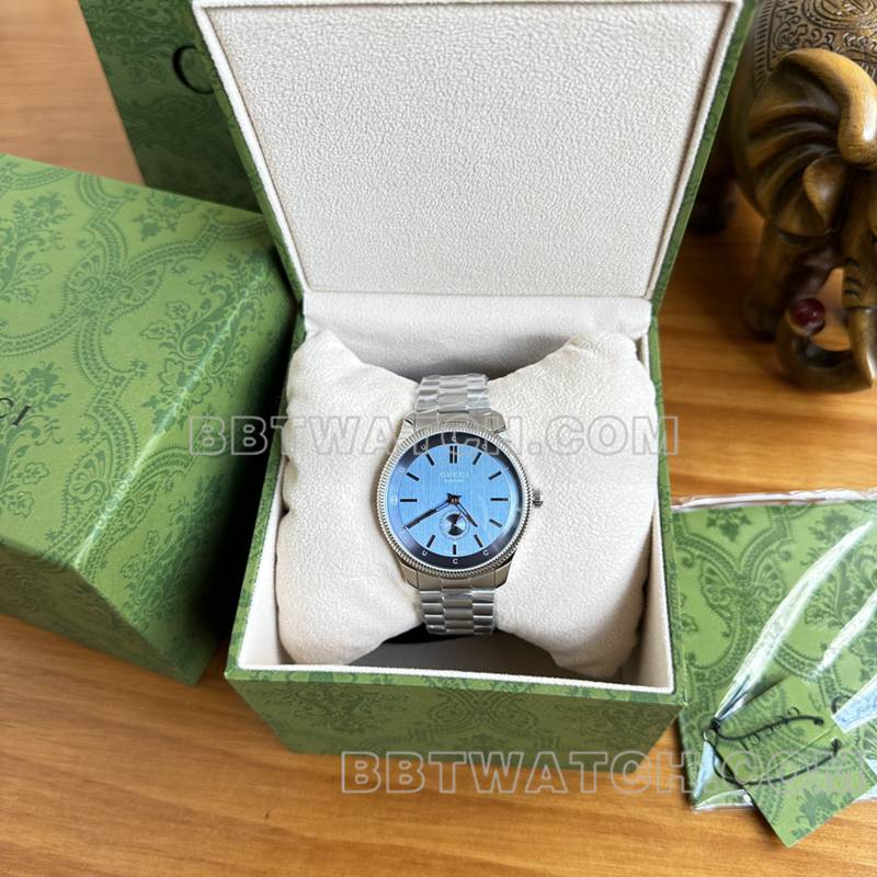 古驰最佳复刻手表40mm蓝盘SW260机械机芯钢带款正面实拍图