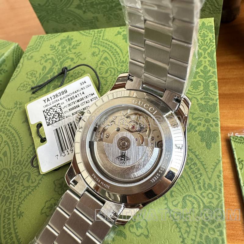 古驰最佳复刻手表40mm蓝盘SW260机械机芯钢带款背面实拍图