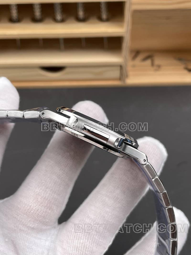 百达翡丽最优复刻手表DDF厂鹦鹉螺蓝盘41mm机械钢带款5811侧面实拍图