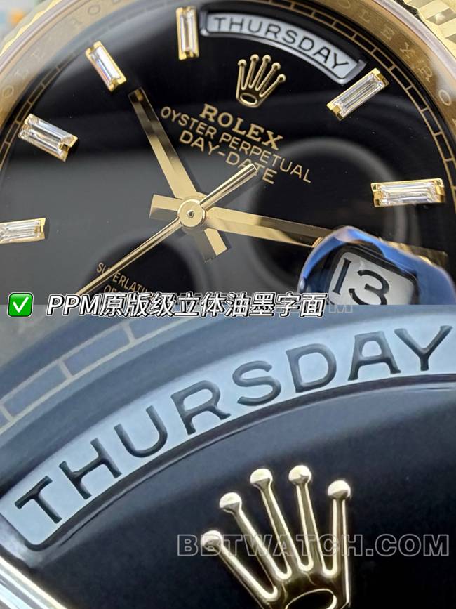 最佳复刻手表劳力士黑盘PPM厂星期日历机械黄金正面实拍图