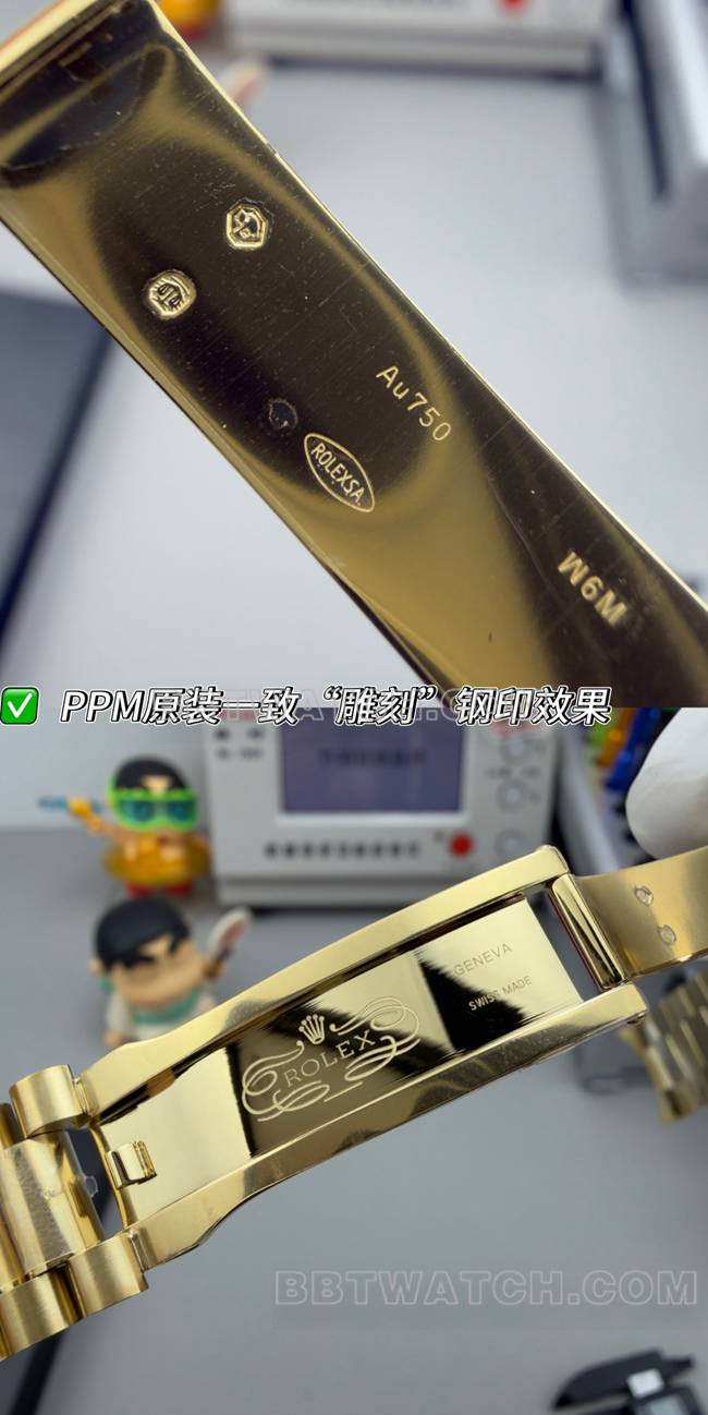 顶级复刻手表PPM厂劳力士星期日历机械黑盘黄金表扣实拍图