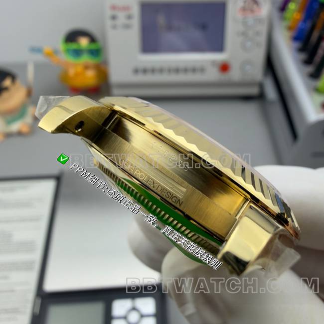 顶级复刻手表PPM厂劳力士星期日历机械黑盘黄金侧面实拍图