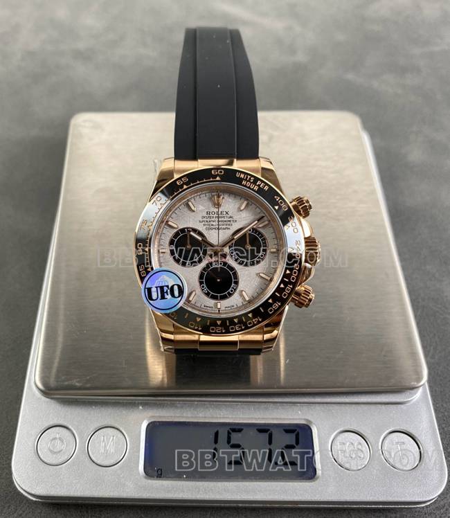 最佳复刻手表UFO厂迪通拿劳力士玫瑰金壳陨石盘4131机械重量实拍图