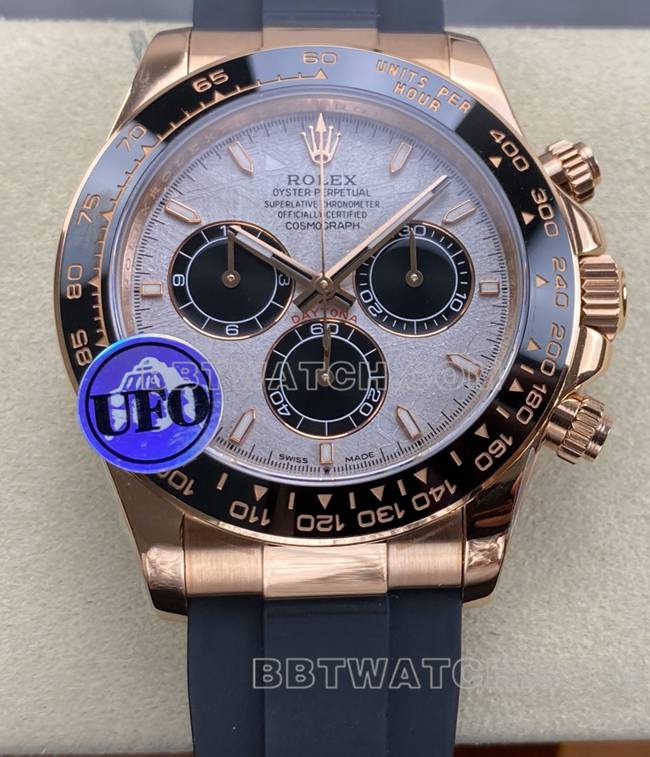 最佳复刻手表UFO厂迪通拿劳力士玫瑰金壳陨石盘4131机械正面实拍图