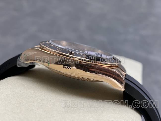 最佳复刻手表UFO厂迪通拿劳力士玫瑰金壳陨石盘4131机械侧面实拍图