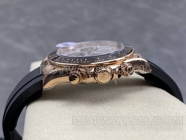 最佳复刻手表UFO厂迪通拿劳力士玫瑰金壳陨石盘4131机械侧面实拍图