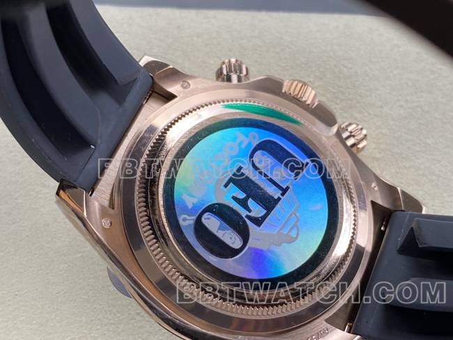 最佳复刻手表UFO厂迪通拿劳力士玫瑰金壳陨石盘4131机械背面实拍图