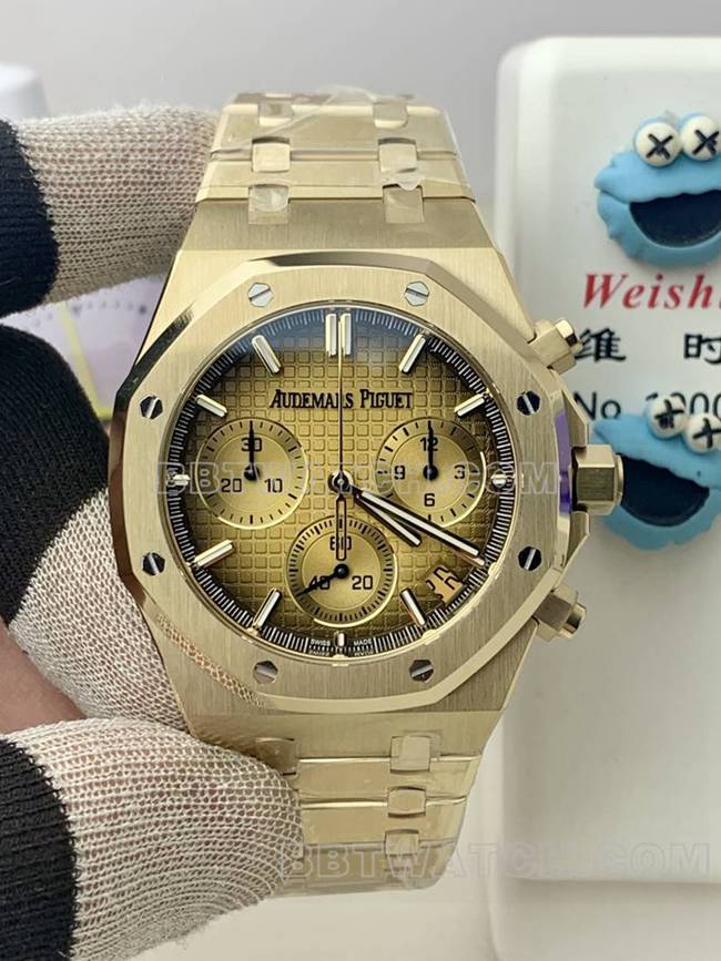 最佳复刻手表爱彼BLS厂皇家橡树黄金烟熏金盘机械26420正面实拍图