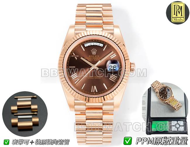 超级克隆手表星期日历PPM厂劳力士机械棕盘罗马数字玫瑰金正面实拍图