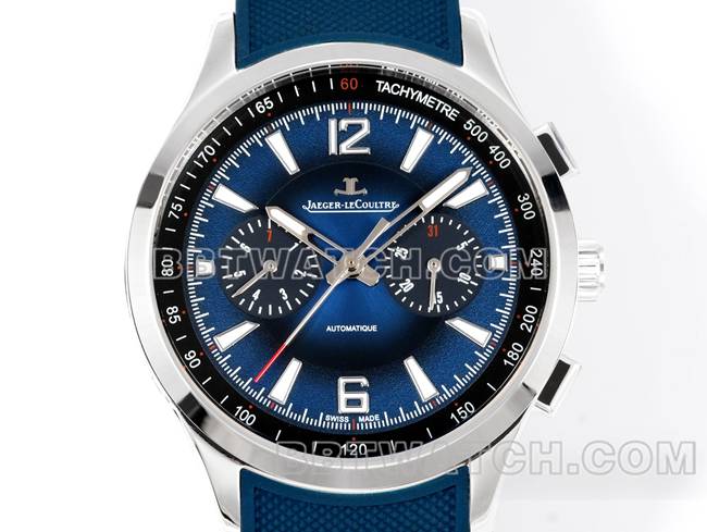 1:1复刻手表积家北宸蓝盘机械蓝色橡胶款正面实拍图