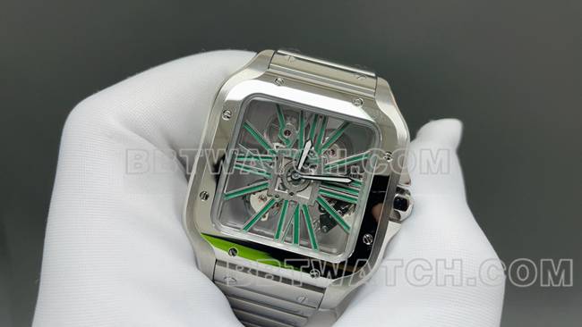 最优复刻手表卡地亚MLF厂山度士绿色镂空盘机械正面实拍图