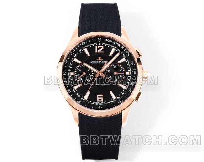 最优复刻手表北宸积家玫瑰金黑盘机械黑色橡胶款正面实拍图