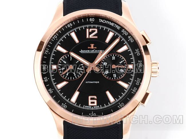 最优复刻手表北宸积家玫瑰金黑盘机械黑色橡胶款正面实拍图