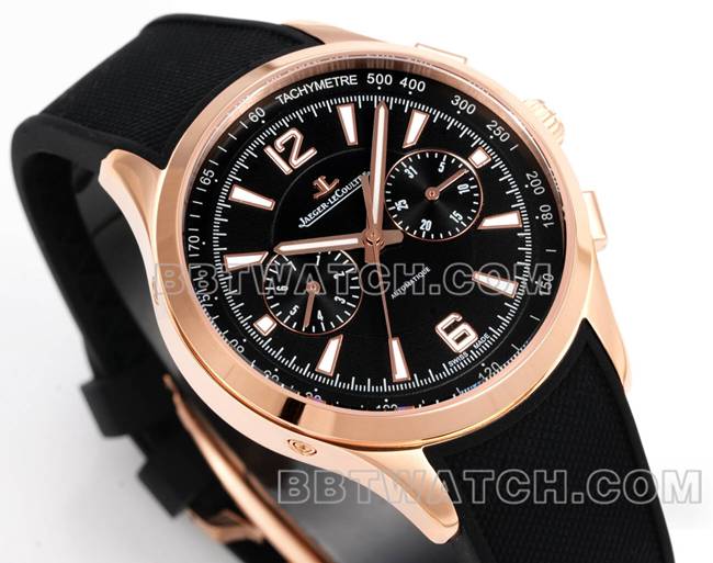 最优复刻手表北宸积家玫瑰金黑盘机械黑色橡胶款正面实拍图