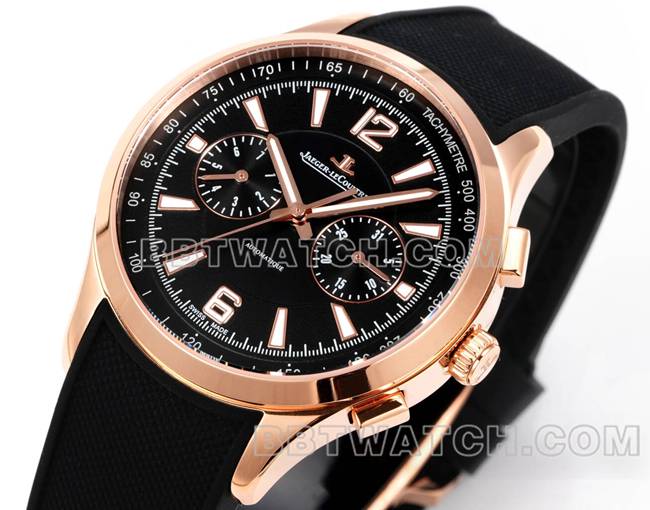 最优复刻手表北宸积家玫瑰金黑盘机械黑色橡胶款正面实拍图