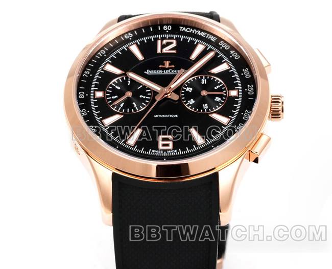 最优复刻手表北宸积家玫瑰金黑盘机械黑色橡胶款正面实拍图