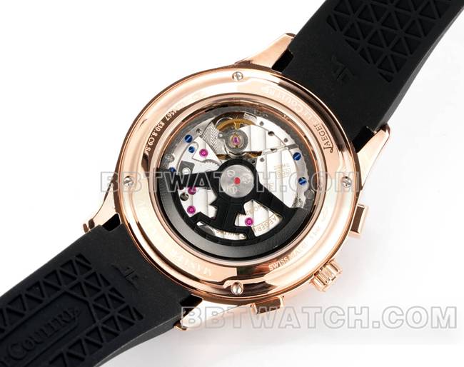 最优复刻手表北宸积家玫瑰金黑盘机械黑色橡胶款背面实拍图