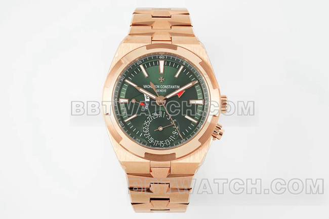 超级克隆手表江诗丹顿V9厂纵横四海玫瑰金绿盘机械7920V正面实拍图