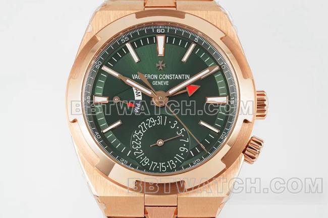 超级克隆手表江诗丹顿V9厂纵横四海玫瑰金绿盘机械7920V正面实拍图