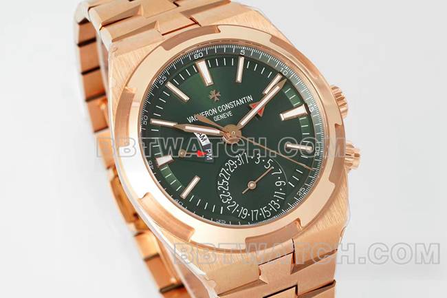 超级克隆手表江诗丹顿V9厂纵横四海玫瑰金绿盘机械7920V正面实拍图