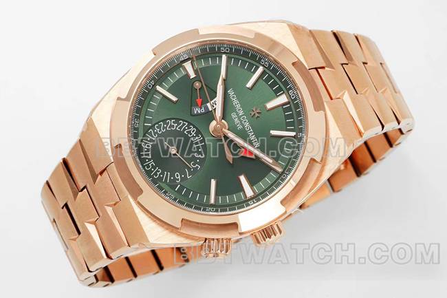 超级克隆手表江诗丹顿V9厂纵横四海玫瑰金绿盘机械7920V正面实拍图
