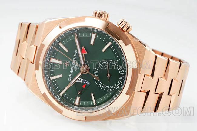 超级克隆手表江诗丹顿V9厂纵横四海玫瑰金绿盘机械7920V正面实拍图