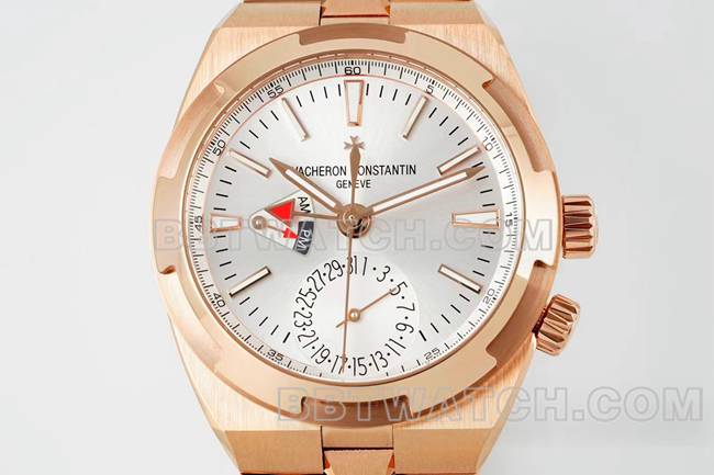 1:1复刻手表江诗丹顿V9厂纵横四海玫瑰金银盘机械7920V正面实拍图