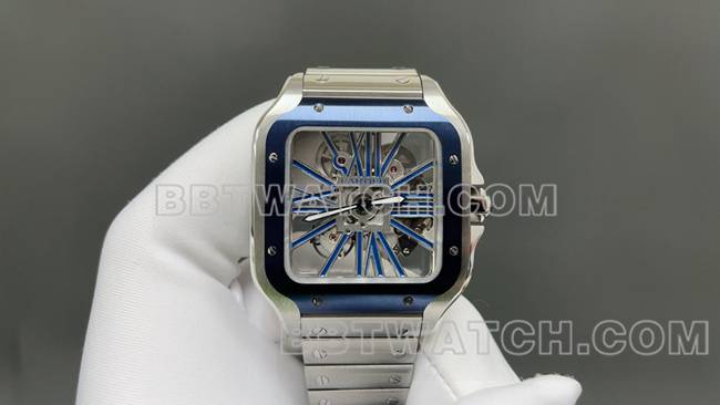 超级克隆手表卡地亚MLF厂山度士蓝色镂空盘机械正面实拍图