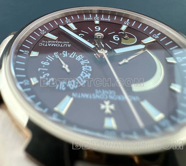 顶级复刻手表纵横四海9F江诗丹顿玫瑰金深棕盘机械47450正面实拍图