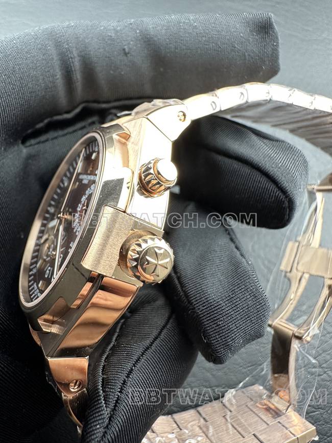 顶级复刻手表纵横四海9F江诗丹顿玫瑰金深棕盘机械47450侧面实拍图