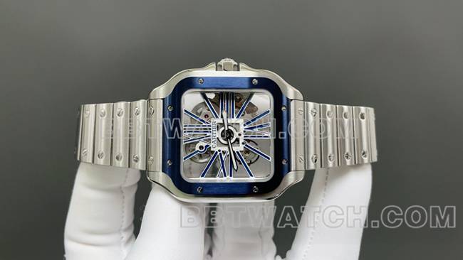 超级克隆手表卡地亚MLF厂山度士蓝色镂空盘机械正面实拍图