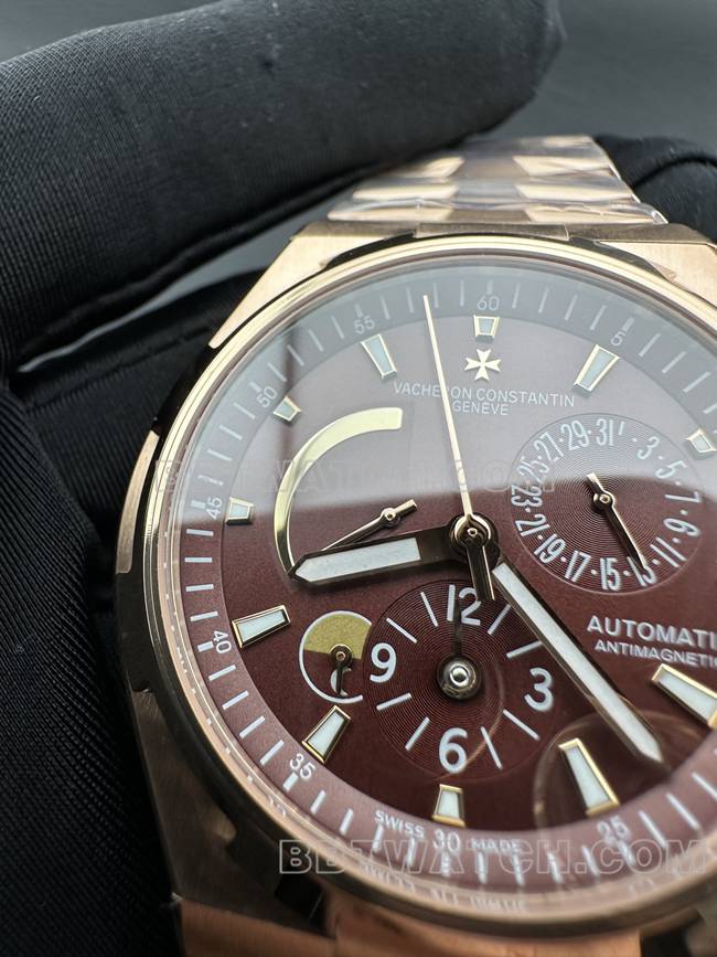 顶级复刻手表纵横四海9F江诗丹顿玫瑰金深棕盘机械47450正面实拍图