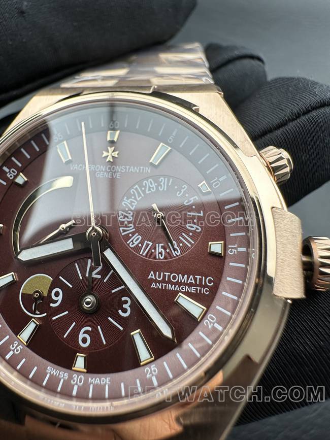 顶级复刻手表纵横四海9F江诗丹顿玫瑰金深棕盘机械47450正面实拍图