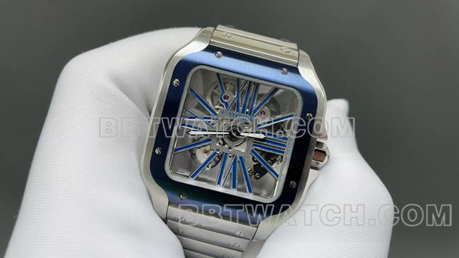 超级克隆手表卡地亚MLF厂山度士蓝色镂空盘机械正面实拍图